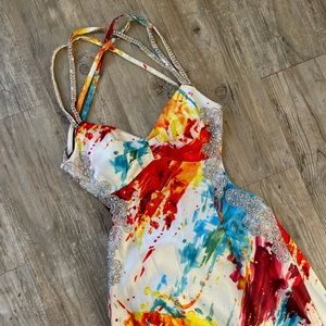 Junior Backless Prom Dress (9/10) with Red, Yellow & Blue Splatter Print